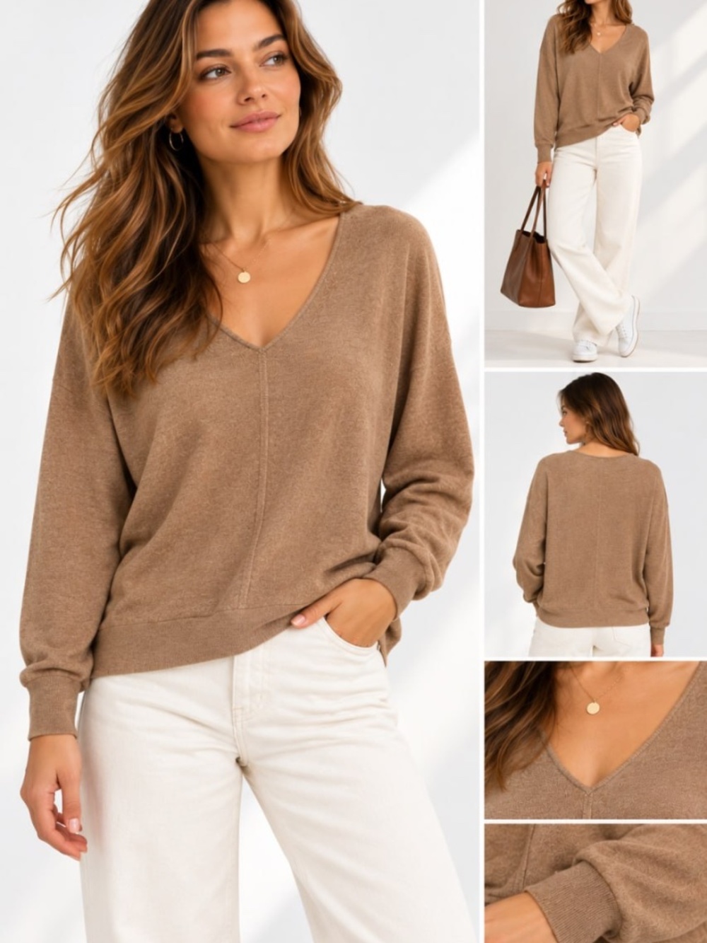Banana Republic 100% Merino Wool V-Neck Sweater Petite M Camel Brown
